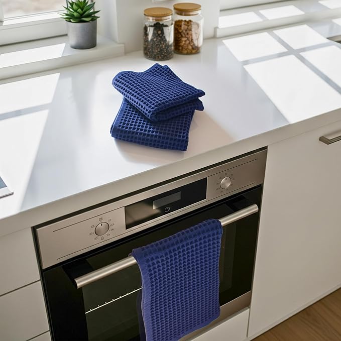 PÜSKÜL - Set of 3 Organic Waffle Hand Towel Navy - Premium Quality, 100% Turkish Cotton, Soft, Quick-Dry, Absorbent, Lint-Free Face Kitchen Hand Towels (Navy Blue, Hand Towels - Pack of 3)