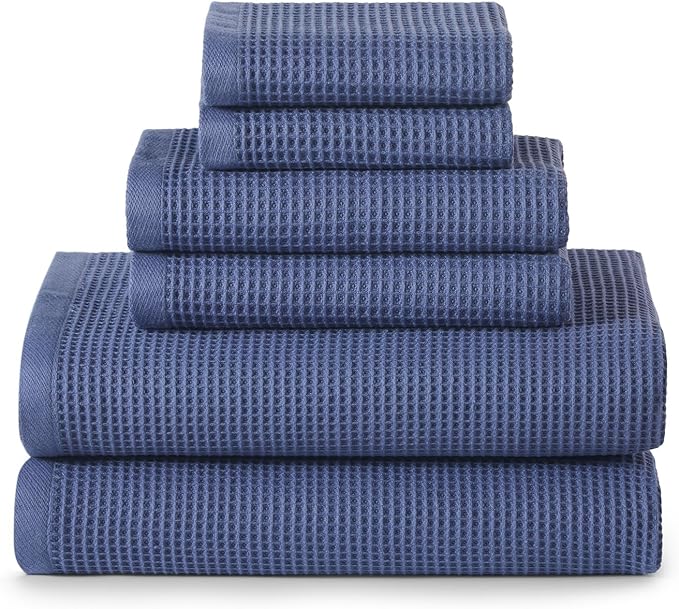 ecolook 6-Piece Waffle Weave Towel Set, 100% Cotton, Lightweight, Absorbent & Quick-Drying, 2 Bath Towels (31×63 in), 2 Hand Towels, 2 Washcloths, Lint-Free for Bathroom, Pool, Gym, Travel - Blue
