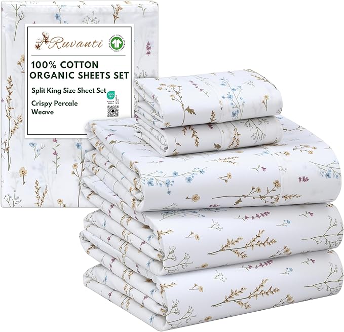 RUVANTI 100% Cotton Organic Percale Sheets Split King Size – Crisp Cooling Bed Sheets for Hot Sleepers, Deep Pocket 15”, Soft Peach Finish, Breathable & Durable Hotel-Style 5 Pcs, Field Flower