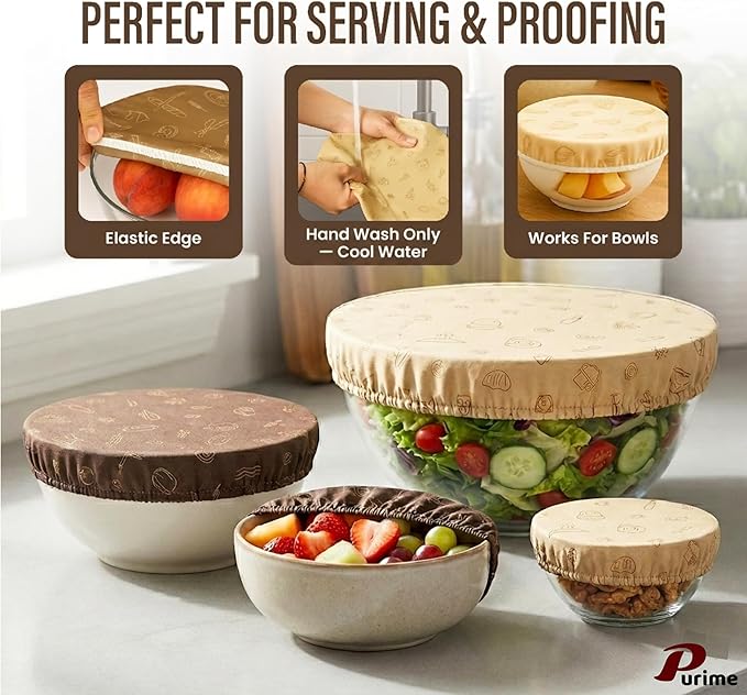 Beeswax Bowl Covers Set of 5 – Reusable Elastic Shower Caps for Sourdough Bread Proofing & Dough Rising – Washable Organic Cotton Cloth Food Storage Covers, Plastic Wrap Alternative (5.5"–13")