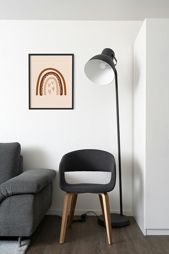 Boho Nursery Rainbow Wall Art with Hearts Earth Tones Terracotta Brown Scandi Minimalist Style 11x14 Inch Oak Wood Black Framed Playroom Decor Print for Kids Room