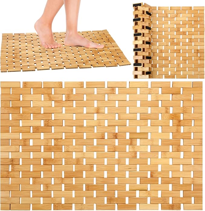 2 Pcs Bamboo Bath Mat Bathroom Rugs Floor Wood Shower Mat Non Slip Waterproof Wooden Shower Rug with Nonskid Silicone Pads for Bathroom Floor Spa Bathtub Kitchen(24 x 16 inches)
