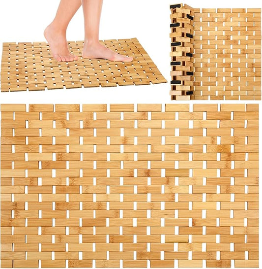 2 Pcs Bamboo Bath Mat Bathroom Rugs Floor Wood Shower Mat Non Slip Waterproof Wooden Shower Rug with Nonskid Silicone Pads for Bathroom Floor Spa Bathtub Kitchen(24 x 16 inches)