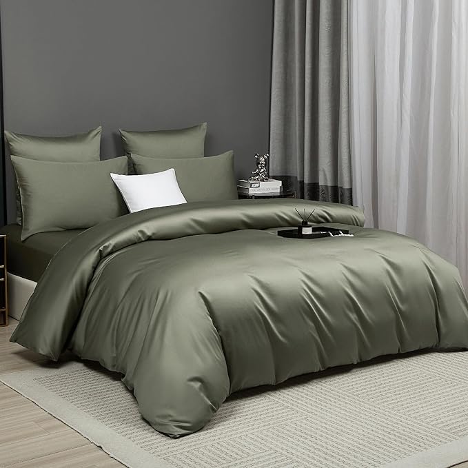 Dusty Green Cotton Duvet Cover Set Queen 100% Long-Staple Cotton Sateen Bedding Set, Soft Breathable Smooth Organic Pure Cotton Plain Comforter Cover, Luxury Minimalist Bedroom Decor for All Season
