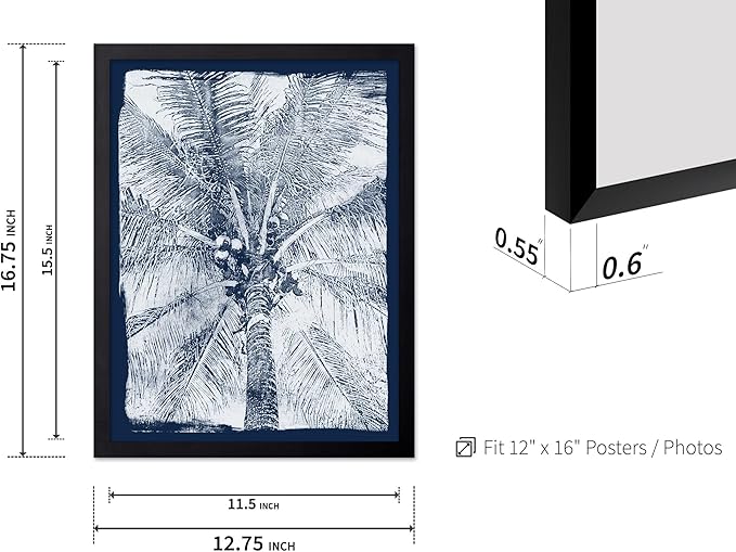 Monem Art Coastal Palm Tree Cyanotype Print - Blue and White Tropical Botanical Design Poster - Wall Decor for Beach House, Bedroom or Living Room - 12x16 Black Framed Wall Art by Renee Stramel