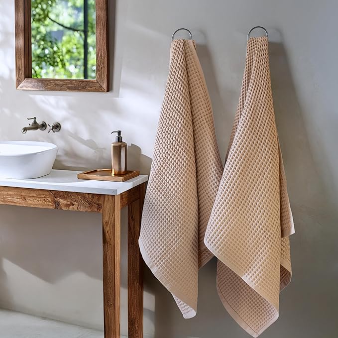 PÜSKÜL Pack of 2 Waffle Bath & Spa Towels - Premium 100% Turkish Organic Cotton - Quick Dry Thin Bath Towel for Bathroom - Made in Turkey (Beige, 32x63 inch)