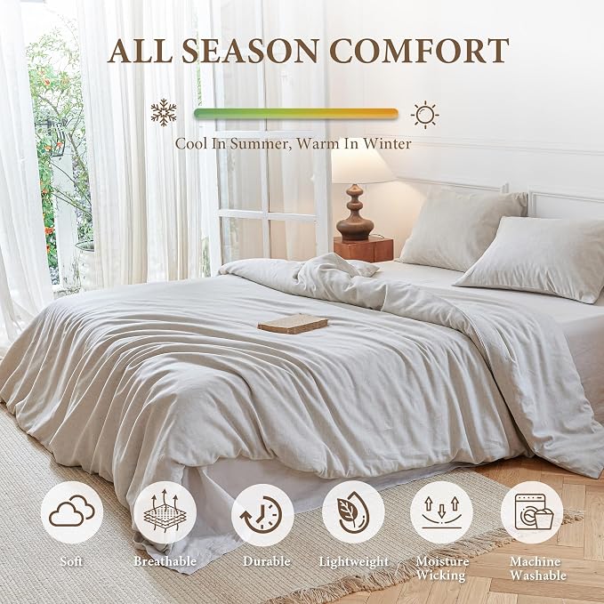 Simple&Opulence Linen Duvet Cover Set Queen Size - French Linen Cotton Woven Blend in Natural Beige, 3 Pieces (1 Comforter Cover 88x92” + 2 Pillowcases), Soft & Breathable All-Season Farmhouse Bedding