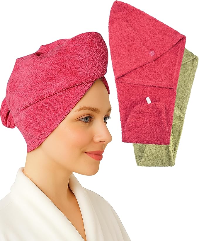 Textila 100% Cotton Hair Wrap Towels for Women (Pack of 2, Raspberry & Green) – Soft & Absorbent Turban Towels for Long, Curly, Frizz-Prone Hair