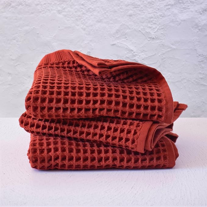 PÜSKÜL - Set of 3 Organic Waffle Hand Towel Red Brick - Premium Quality, 100% Turkish Cotton, Soft, Quick-Dry, Absorbent, Lint-Free Face Kitchen Hand Towels (Brick, Hand Towels - Pack of 3)
