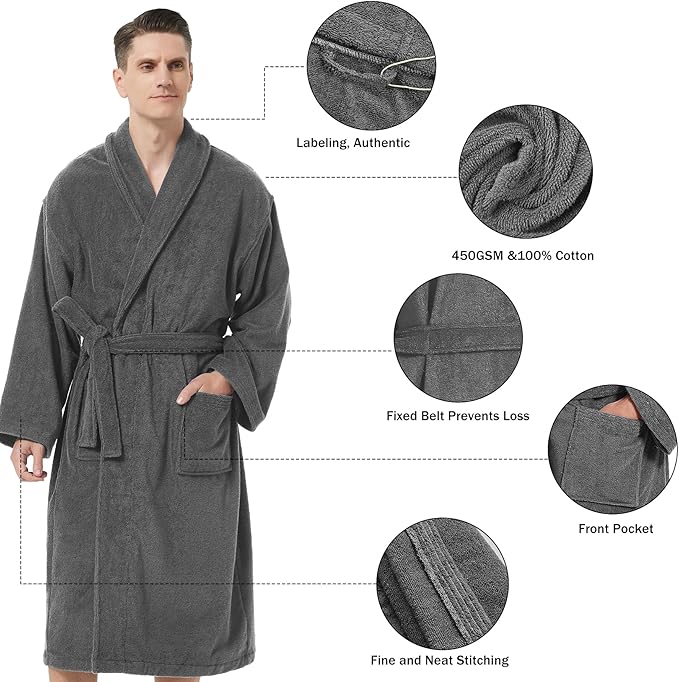 Men's Robe,Pure Cotton Robe for Men,Absorbent Bathrobe,Luxurious Terry Cloth Bathrobe with Shawl Collar