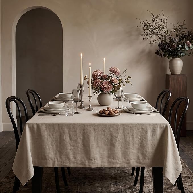 Solino Home Linen Natural Tablecloth 60 x 132 Inch - 100% Pure Linen Rectangular Tablecloth - Machine Washable Table Cloth for Summer - Fete