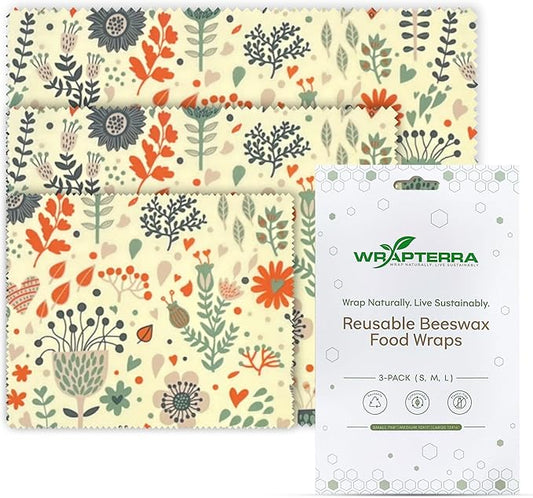 Beeswax Wraps for Food - Reusable & Moldable Bees Wax Covers for Bowls, Fruits, Cheese - Natural Food Storage Alternative to Aluminum Foil & Plastic Wrapping - Small, Medium, Large - 3-Pack