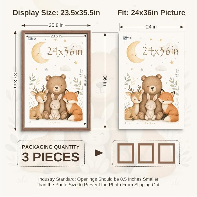 VCK 24x36 Poster Frame 3 Pack - Walnut Solid Wood, Exclusive Wood Grain Picture Frames, Wall Hanging