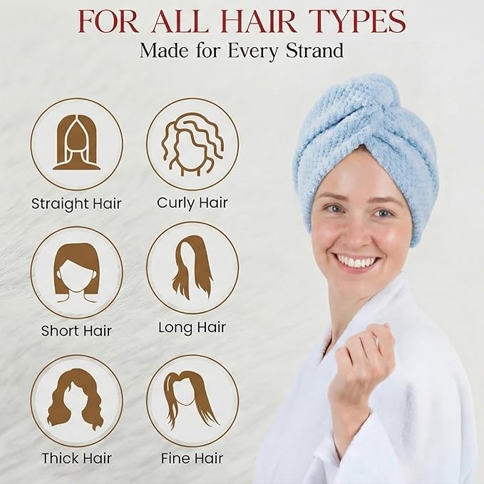 3 Pack Microfiber Hair Towel Wrap for Women 26 x 10 in | Hair Drying Towel with Button |Hair Turban Towel Quick Dry Coral Fleece Head Towels (Pink + Blue + Grey)
