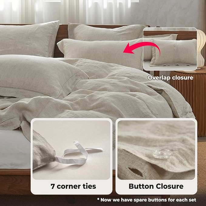 Simple&Opulence 100% Washed Linen Duvet Cover with Embroidered, 2 Pieces Soft Farmhouse Comforter Set with Button Closure,1 Duvet Cover and 1 Pillowsham(Twin,Natural Linen)