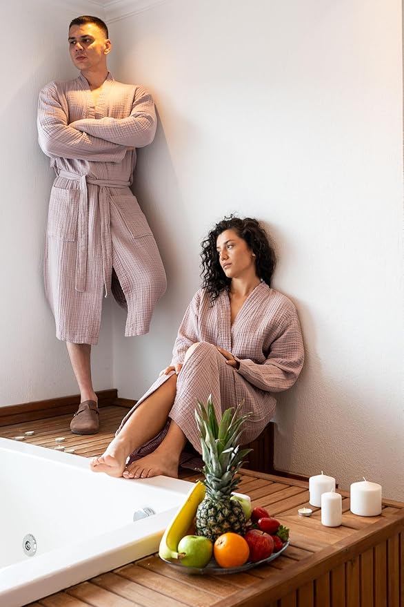 Muslin Unisex Bathrobe Women & Men, 100% Cotton Kimono Lightweight Robe | Long Robes Soft, Absorbent, Spa robes