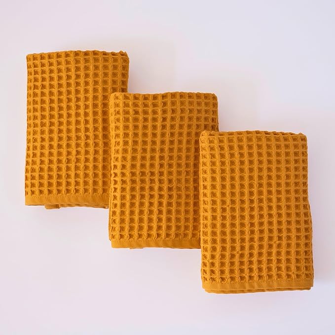PÜSKÜL - Set of 3 Organic Waffle Hand Towel Mustard - Premium Quality, 100% Turkish Cotton, Soft, Quick-Dry, Absorbent, Lint-Free Face Kitchen Hand Towels (Mustard Yellow, Hand Towels - Pack of 3)