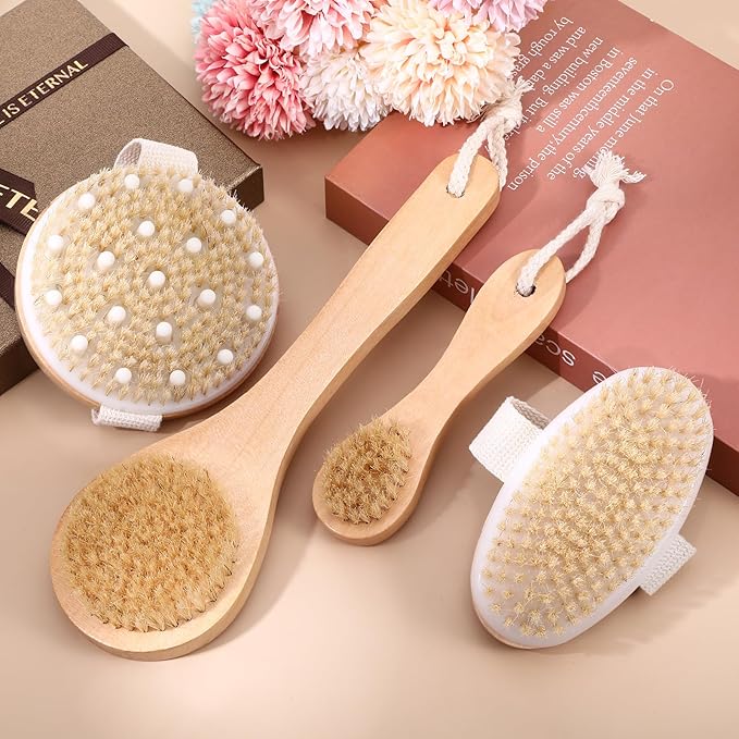4Pcs Dry Brushing Body Brush Set, Dry Brush Natural Bristle for Back Massage Lipedema Shower Lymphatic Drainage and Cellulite Treatment Improve Blood Circulation, Bath Scrubber for Body