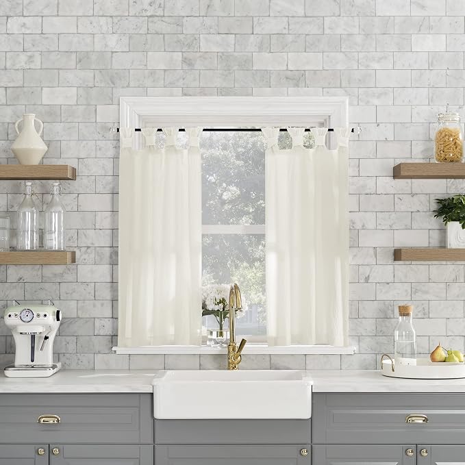 Archaeo Washed Cotton Small Window Twist Tab Cafe Curtains, 52" x 36", Ivory