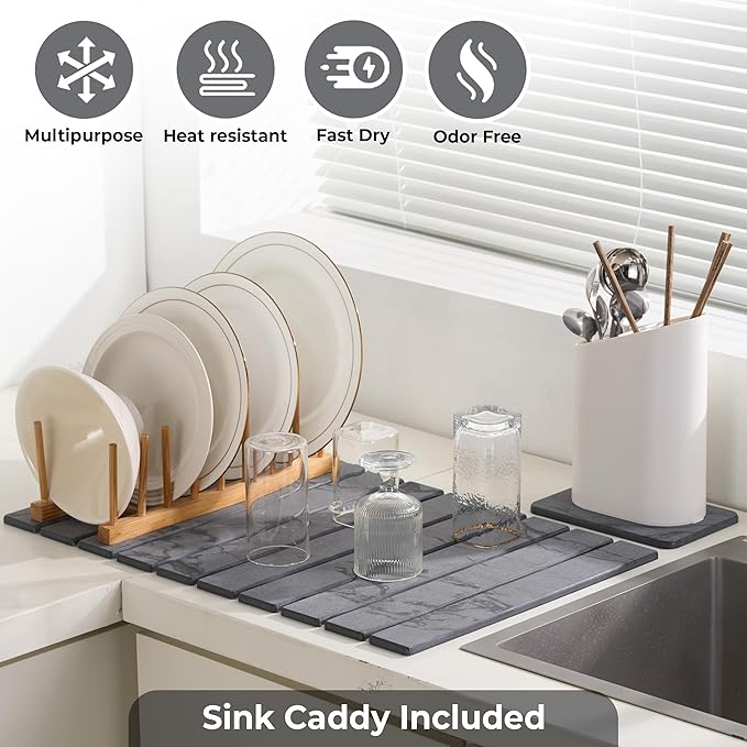 Large Stone Dish Drying Mat for Kitchen Counter,Natural Quick Dry Stone Dishes Mats,Foldable Water Absorbing Diatomaceous Earth Drying Organizer Pad for Kitchen Utensils(Dark Gray 24"×16" & 8"x4")