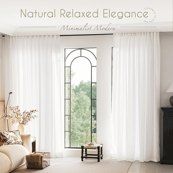 Extra Long White Curtain 144 inches Long 2 Panels Set Back Tab Light Filtering Cotton Textured Curtain Modern Farmhouse Coastal Decor Off White Linen Drapes 144 inch Length for Large Window 12 FT Tall