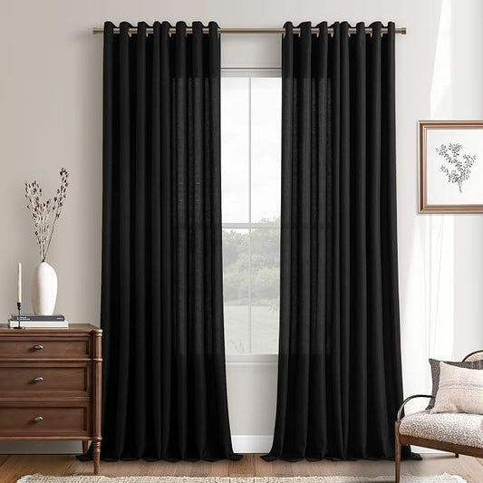 Grommet Black Semi Sheer Curtains 102 Inches Long Light Filtering Thick Linen Black Drapes Living Room Modern Farmhouse Decor 102 Inch Curtain 2 Panel Set for Patio Sliding Door Playroom Office