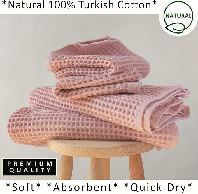 PÜSKÜL 4-Piece Natural 100% Turkish Cotton Luxury Waffle Towels for Bathroom | Premium Quality Honeycomb Weave 2 Hand Towel & 2 Bath Towel Set | Soft Absorbent Quick-Dry Lightweight Towels (Pink)