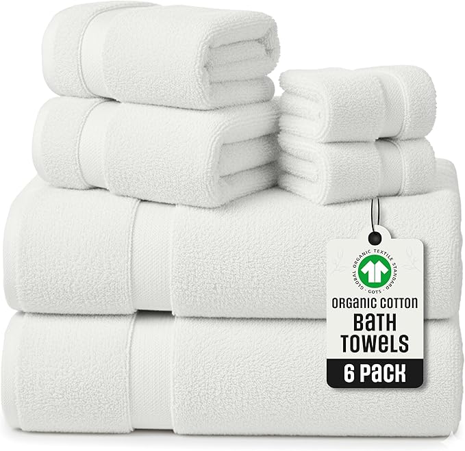 TOWELTIQUE- Organic Cotton Plush Bath Towels Pack of 6 GOTS & Oeko- TEX Certified | Premium Soft, Absorbent & Quick-Drying Towels for Bathroom, Gym, Spa & Hotel Use – Ivory