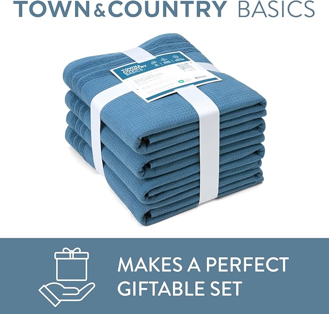 Town & Country Basics 4-Piece Waffle Woven Terry Stripe Bath Towel Set, 30x56-Inch, 100% Cotton, Quick Dry, Blue