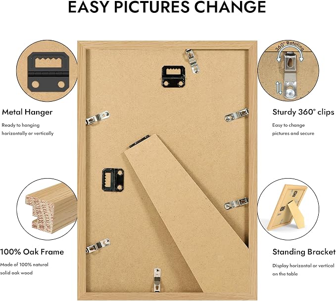 Hongkee 8x12 Oak Wood Picture Frame 1 Pack(Matted 6x9), Real Glass Cover | Natural, 8 x 12 Solid Wood Frame for Wall or Tabletop Display - Includes Easel Back, Vertical Hang - Ideal for Home, Office