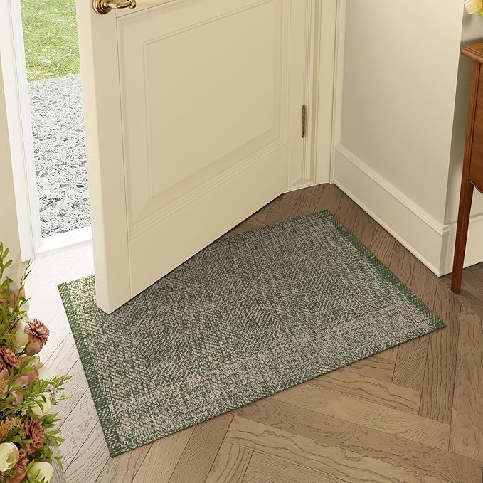 LEEVAN Washable Bathroom Rug, 2'x3' Low Profile Entryway Rugs Front Door Mat Cotton Reversible Kitchen Mat Boho Bedroom Rug Farmhouse Carpet for Foyer Front Porch Decor(Olive Green&Natural)