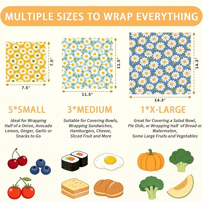 Reusable Beeswax Wraps, 9 Pack Eco-Friendly Food Storage, Organic, Sustainable, Zero Waste, Plastic-Free, Sandwich, Bread, Bowl Cover, 1XL, 3M, 5S, Blue Green Yellow Daisy Pattern