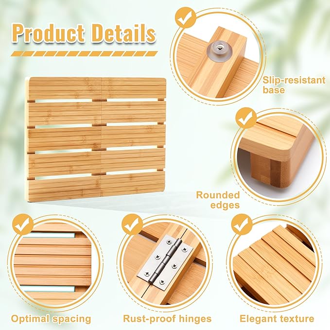 Foldable Bamboo Bath Mat for Shower, 19.68" x 14.17" in Non-Slip Wood Bathroom Rug, Quick-Dry Waterproof Carpet for Indoor Outdoor Use by Sink, Tub, Pool