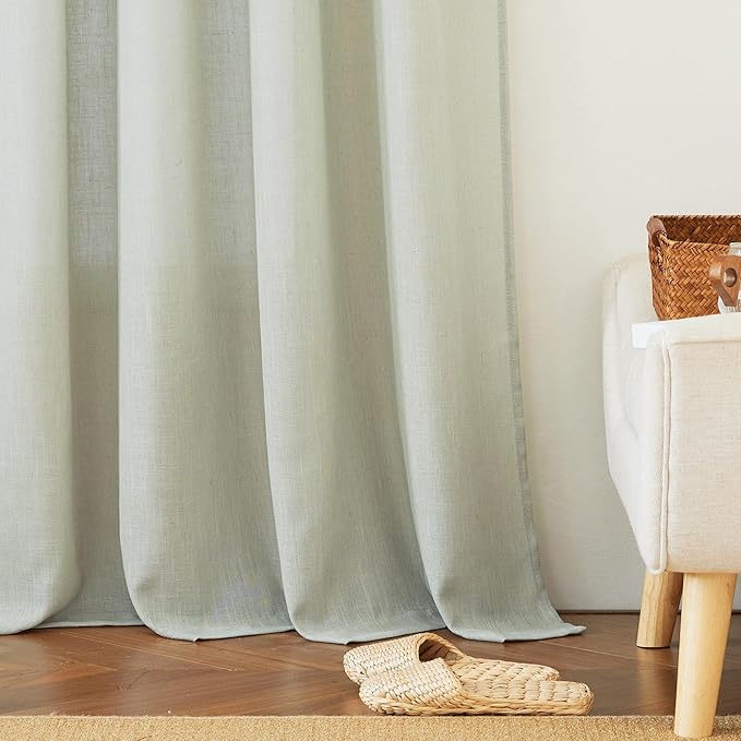 RYB HOME Flax Linen Curtains for Living Room Bedroom, Light Filtering Airy Lightweight Privacy Protected Decor for Sliding Glass Door Home Office, W 52 x L 90 inch, 2 Pcs, Sage Green