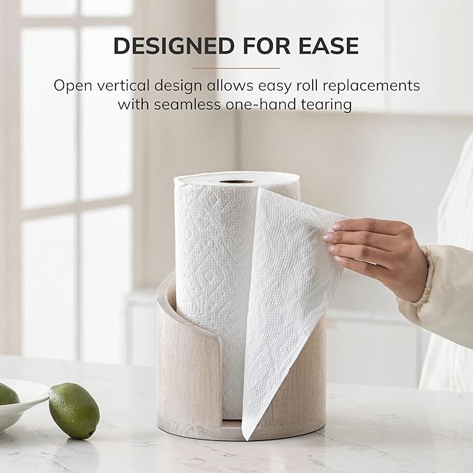 Anji Mountain Wooden Paper Towel Holder Countertop with Mango Wood Round Base and Iron Holder, Holder Stand for Kitchen Roll Organizer & Kitchen Dining Table Home Decor - Whitewash/Nickel, Classic