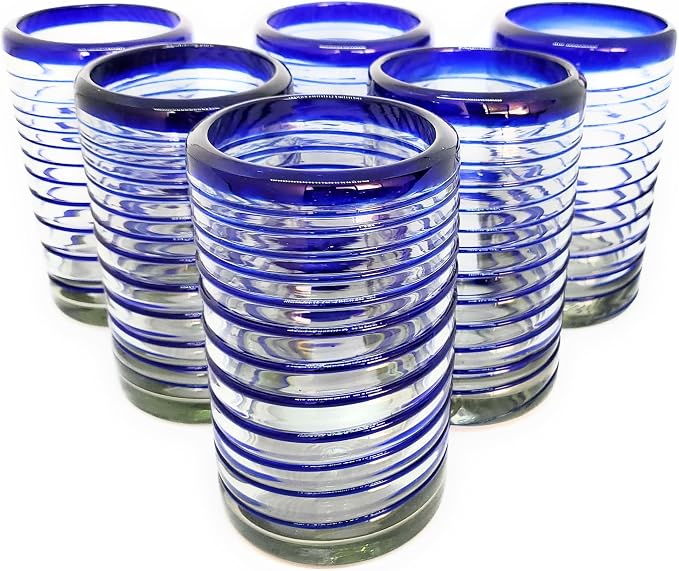Cobalt Blue Spiral 14 oz Drinking Glasses (set of 6), Recycled Glass, Lead-free, Toxin-Free (Drinking)