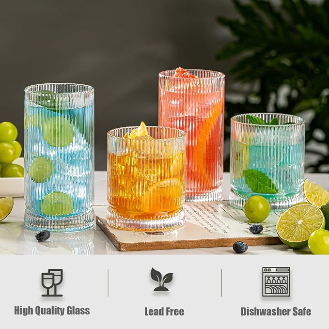 Drinking Glasses, Set of 8 Origami Style Glass Cups-4 Highball Glasses 15oz & 4 Rocks Glasses 12oz, Mojito Cups, Cocktail Glass, Elegant Ripple Vintage Glassware for Cocktail, Beer, Whiskey