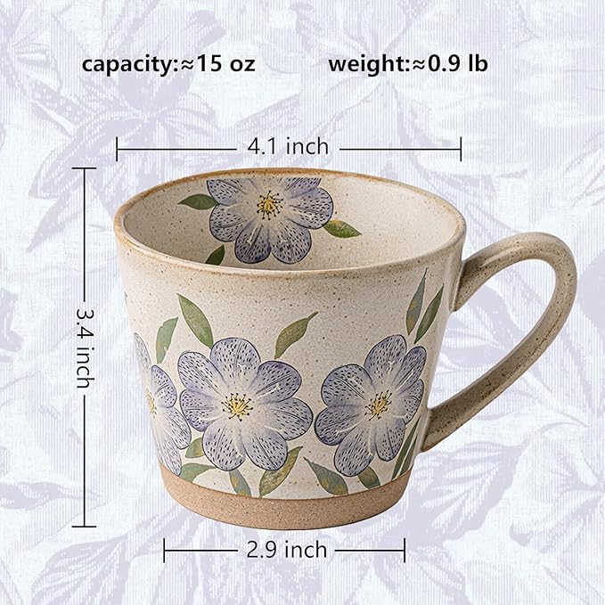 15oz Vintage Floral Ceramic Coffee Mug, Hand-Painted Lead-Free Tea Cup with Comfort Handle, Microwave & Dishwasher Safe for Home Office & Gift for Women (Purple Floral, 15, ounces)