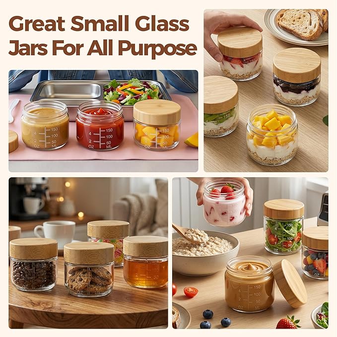 6oz Glass Jars with Airtight Lids - 6 Pack Overnight Oats Containers with Bamboo Lids, Small Food Containers with Measurement for Yogurt, Salad, Chia, Wide Mouth Mason Jar with Lid for Food Storage
