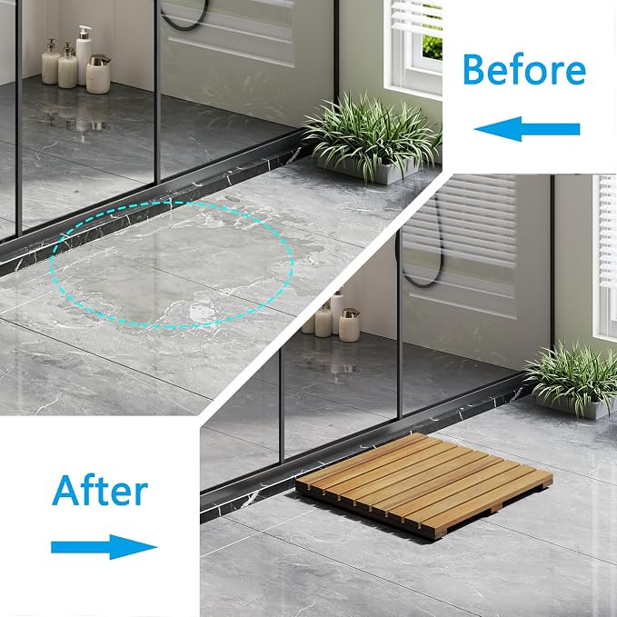 19.7"x19.7"Solid Acacia Wood Shower Mat, Non Slip Wooden Bath Mat, Indoor Outdoor Entryway Door Mat Multi-Purpose Plant Stand for Shower Bathtub Pool Spa Garden (Medium)