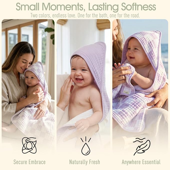 4-Piece Muslin Baby Towel Set - Made with Organic Cotton, (2) 6-Layer Bath Towels 32x32 & (2) Washcloths, Absorbent Bath & Beach, (Lavender)
