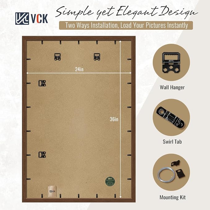 VCK 24x36 Picture Frames Brown 3 Pack, Wide Border Wood, Display 20x30 Photo with Mat or 24 x 36 without, for Home, Office, Gallery, Woodgrain Series, Wall Hanging