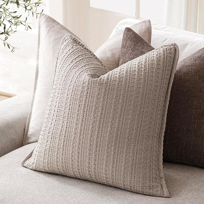 Foindtower Set of 2 Decorative Cotton Waffle Weave Throw Pillow Covers Euro Shams Cushion Covers Accent European Pillowcase for Bed Couch Sofa Bedroom Living Room Home Decor 20×20 Inch Tan Beige