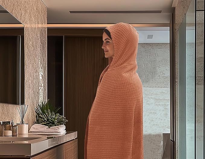 COTTON CRAFT Hooded Bath Towel – 2 Pack Oversized 35x70 Waffle Weave Towel with Hood for Adults - 100% Ringspun Cotton Pool Bath Sheet Wrap with Hood - Soft Super Absorbent Quick Dry – 450 GSM – Mocha
