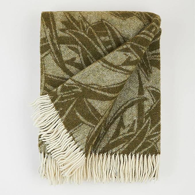 | Wool Blanket/Throw | 100% New Zealand Wool | Perfect for Home and Outdoors | Virgin Wool Blanket with Fringes 55"x79" (140 x 200 cm) (Olive Leaves)