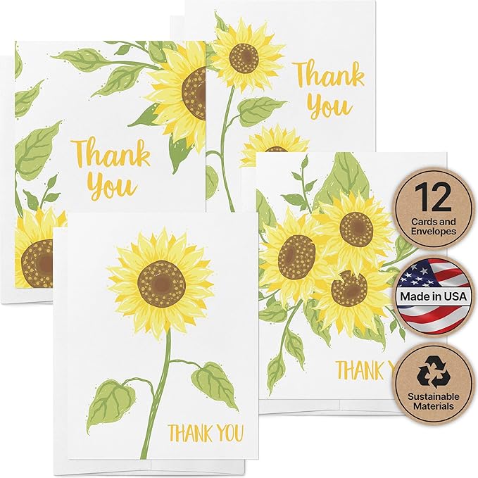 Twigs Paper Thank You Card Set - 12 Assorted Greeting Cards For All Occasions - Thank You Cards with Envelopes - Appreciation Cards - Eco Friendly - Made In USA - 5.5 x 4.25 Inch Size - Sunflower