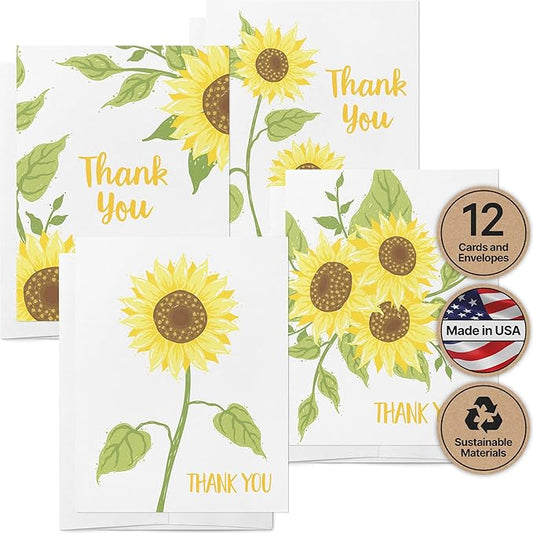 Twigs Paper Thank You Card Set - 12 Assorted Greeting Cards For All Occasions - Thank You Cards with Envelopes - Appreciation Cards - Eco Friendly - Made In USA - 5.5 x 4.25 Inch Size - Sunflower