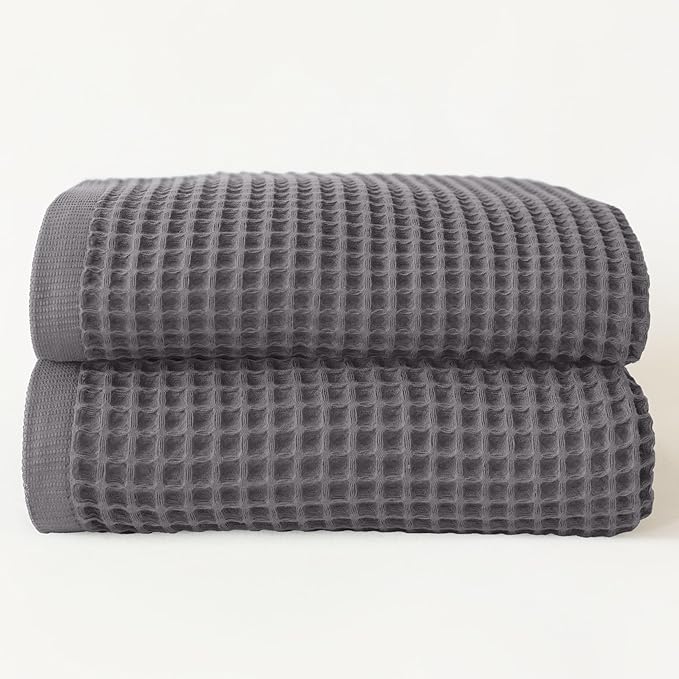 Premium Waffle Bath Towels Pack of 2 Extra Large 35x71 inch - 100% Turkish Cotton, Waffle Weave, Quick Dry, Lint Free, Oversized, Thin Bath Sheet Towel (Gray, Set of 2 Bath Towels)