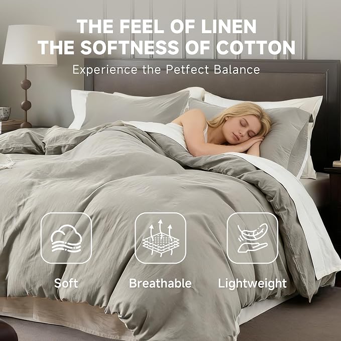 QKTE French Linen Duvet Cover Set, 3 PCS Natural French Flax Light Grey Duvet Cover King Size, Breathable Soft Comfy Linen Bedding Comforter Cover with 2 Pillowcases(Light Grey, 104" x 92")