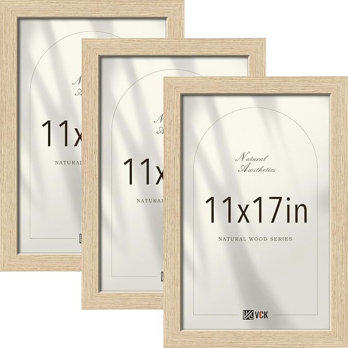 VCK 11x17 Picture Frame 3 Pack - Natural Oak Solid Wood Poster Frames, Textured Exclusive Wood Wall Gallery Frame